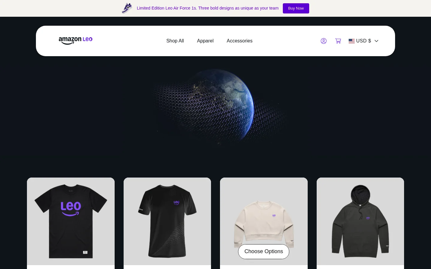 Amazon Leo employee merchandise storefront with branded apparel and accessories.