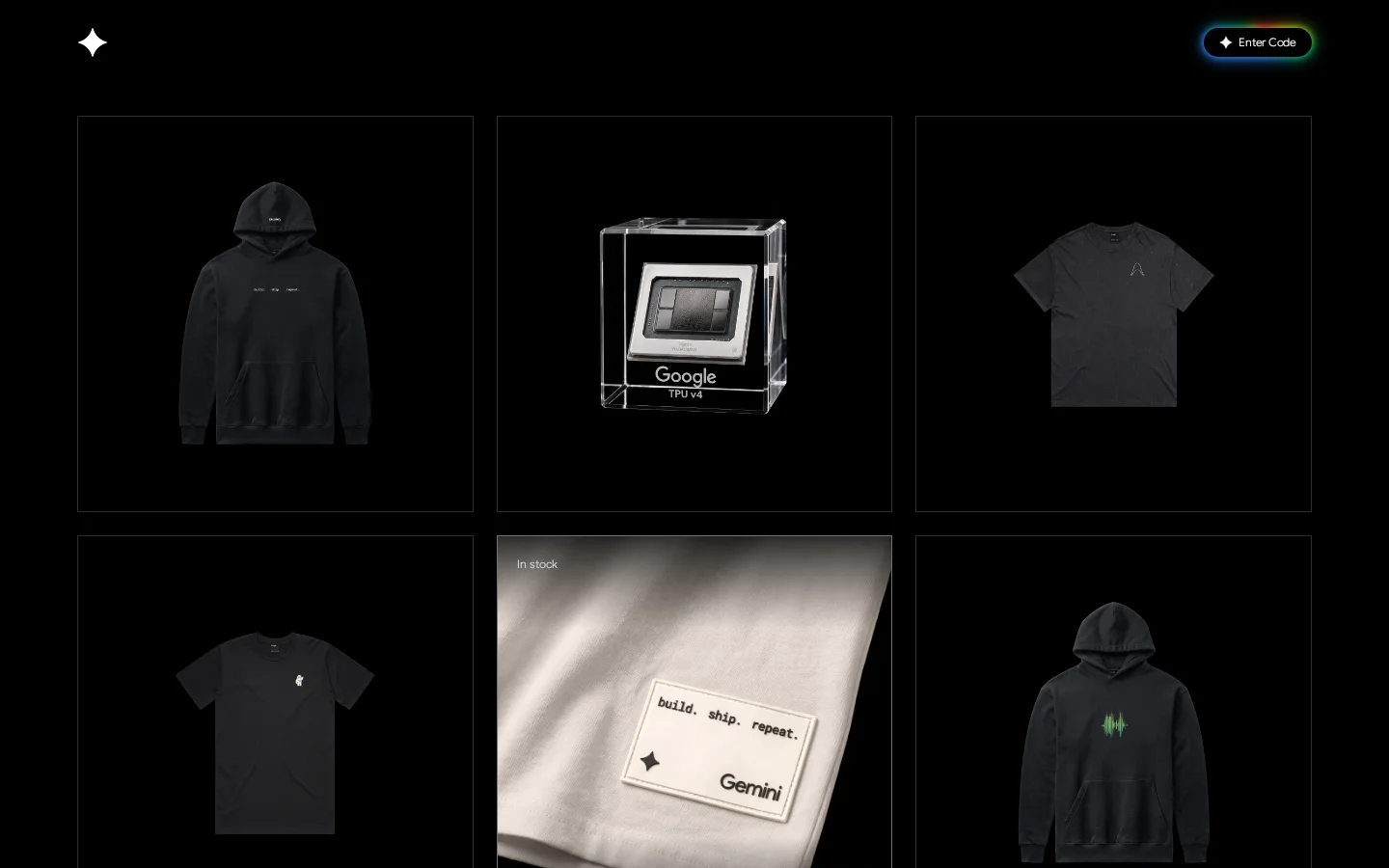 Gemini Supply merchandise storefront showing the points-based product grid of Gemini apparel and collectibles.