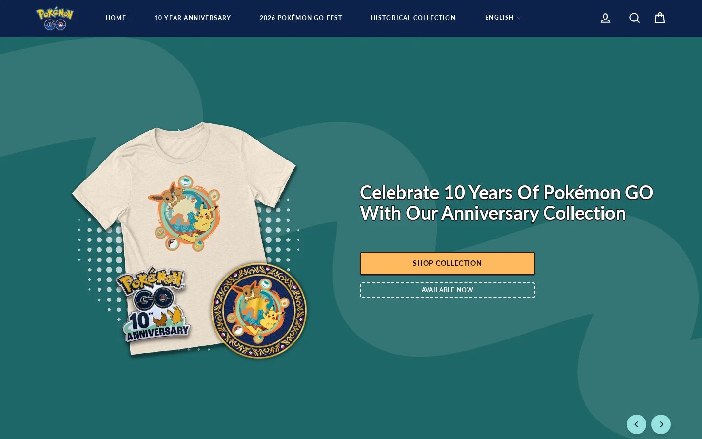 Pokémon GO Merchandise storefront featuring the tenth anniversary collection.