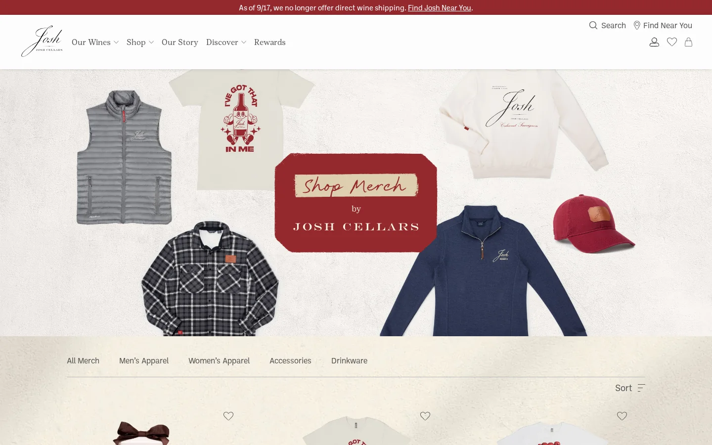 Josh Cellars merchandise storefront featuring branded apparel and accessories.