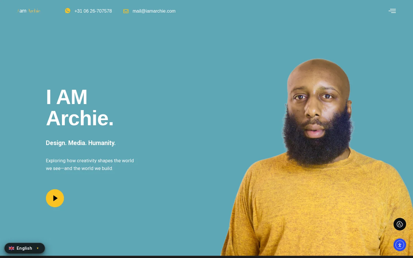 IAMARCHIE homepage featuring Archie and the Design, Media, Humanity introduction.